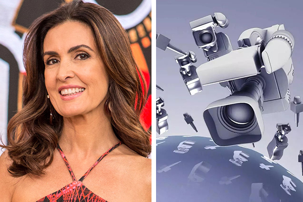 Montagem mostra foto de Fátima Bernardes sorrido e, ao lado, frame da vinheta do plantão da Globo, com câmeras de TV e microfones em montagem gráfica
