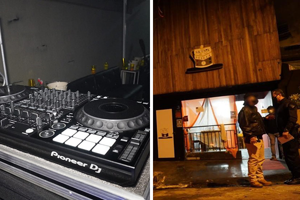 Montagem mostra mesa de DJ à direita e fachada do bar à esquerda