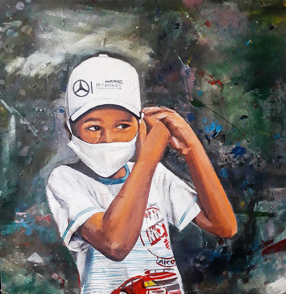 Pintura em tela de uma criança negra com máscara de proteção da Covid e boné da Mercedes