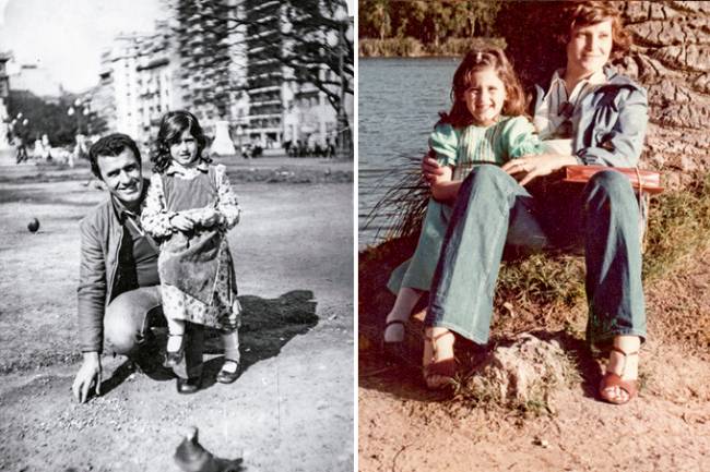 Paola Carosella Duas fotos unidas verticalmente por linha branca. À esquerda, imagem preto e branco de criança com pai (agachado ao lado dela) em praça. À direita, criança sentada com a mãe em árvore à beira de um lago.