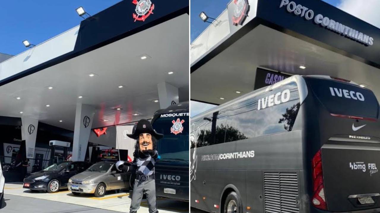 Duas imagens que mostram o posto. À esquerda, com o mascote de time à frente. À direita, um ônibus preto.