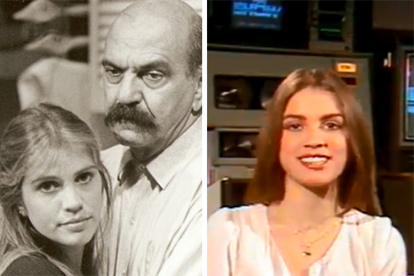 Montagem mostra Tássia Camargo e Lima Duarte à esquerda e, à direita, Tássia sozinha em 1983 durante o programa Vídeo Show
