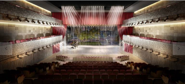 Desenho 3D de um teatro novo que vai abrir, é possível ver o palco e a platéia