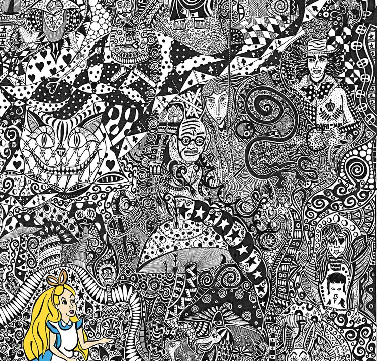 arte semiabstrata de Alice com outros personagens do conto 'alice no país das maravilhas'