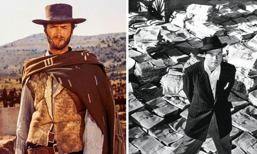 A imagem mostra Clint Eastwood, em um deserto durante Três Homens em Conflito, e o protagonista de Cidadão Kane, ambos caracterizados em seus filmes.