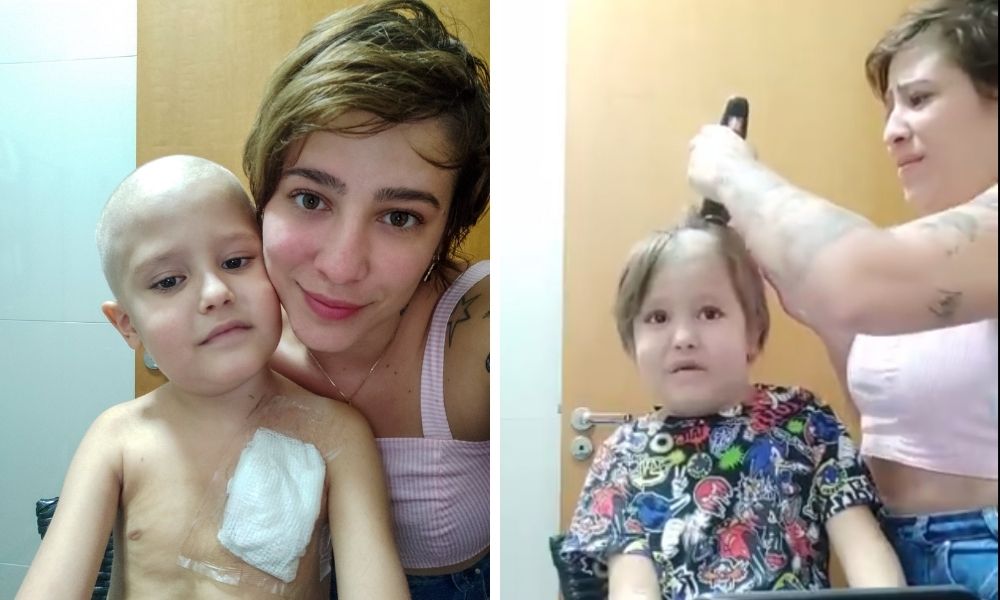 A imagem é uma montagem de duas fotos. À direita, a mãe de Chico aparece com uma máquina raspando o cabelo do filho no banheiro. À esquerda, o filho careca e a mãe olham para a câmera.