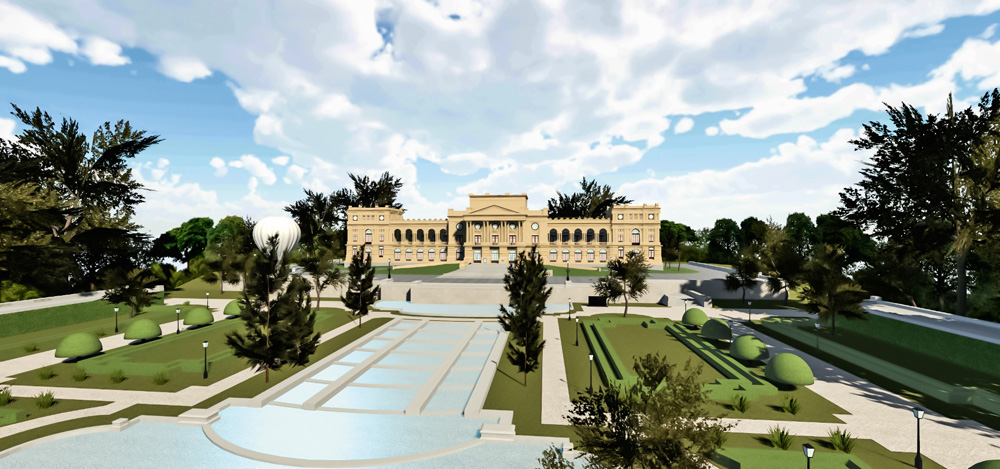 A imagem é uma projeção digital da nova fachada do Museu do Ipiranga, com diversos espaços vazios.