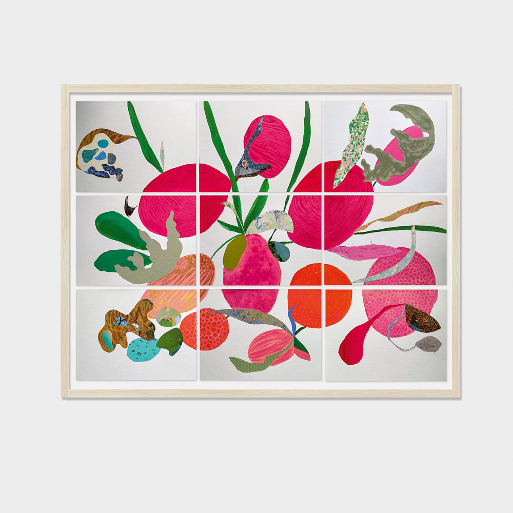 Foto mostra colagem em quadro, dividida em nove partes, com o que parecem ser frutas, plantas e animais nas cores rosa, laranja e verde