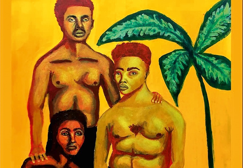 Obra mostra três homens negros e uma planta ao lado. Eles estão sem camisa. A obra tem tonalidade amarelada