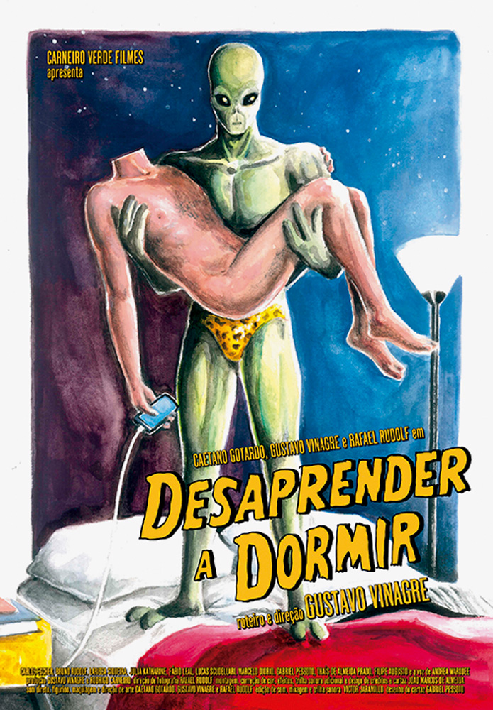 poster do filme desaprender a dormir, em que um álien de sunga está de pé em uma cama segurando um corpo humano nú sem cabeça