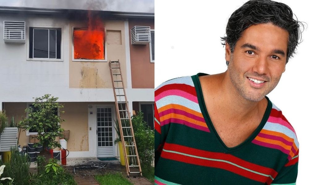 foto dividida em duas: à esquerda, a casa de fernando sampaio com fogo saindo pela janela; à direita, fernando sampaio posando para a foto com camiseta colorida