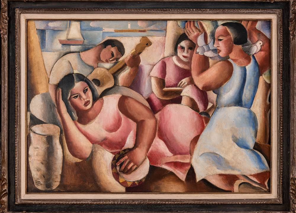 Obra mostra quatro pessoas. Uma mulher deitada, uma com um pandeiro outra dançando, outra sentada e um homem tocando violão