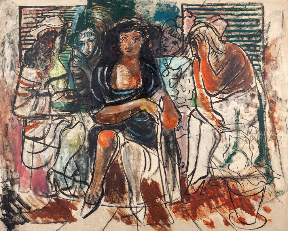 Obra mostra mulheres desenhadas só com os traços, sem pintura, a não ser a do meio. Elas estão sentadas