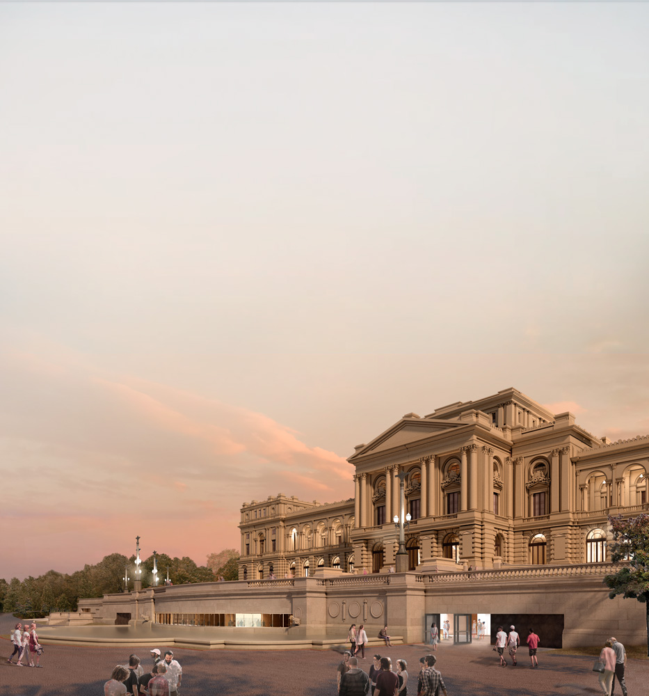 A imagem é uma projeção virtual da nova fachada do Museu do Ipiranga. O céu é de fim de tarde, com o sol quase se pondo completamente.