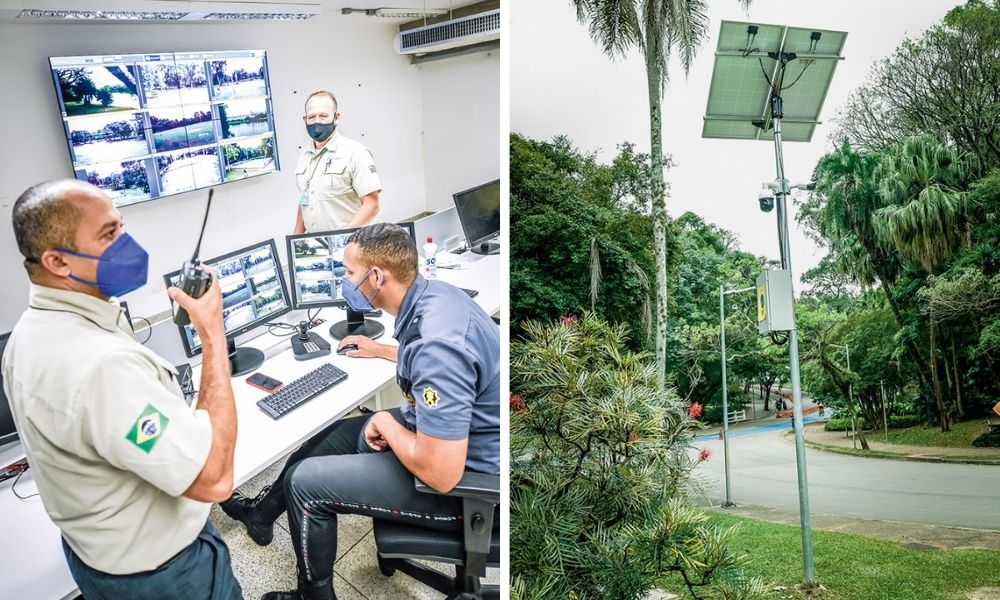A imagem mostra duas fotos. À esquerda, guardas em uma sala repleta de telas para monitorar as câmeras de segurança do parque. À direita, uma das câmeras em um poste fino, próximo a uma via do Parque Ibirapuera.