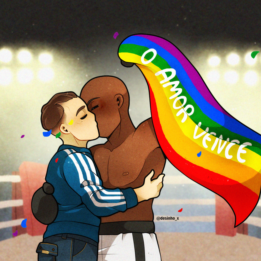 Ilustração de um moço branco e um negro se beijando. Um deles ergue a bandeira LGBT com a frase 