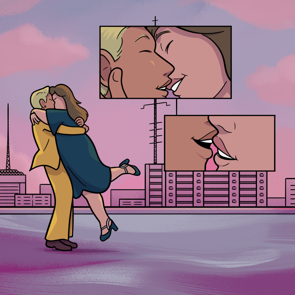 Ilustração: duas telas exibem o beijo de casal lésbico. Em primeiro plano, o casal se abraça. Desenho tem tons na cor rosa.
