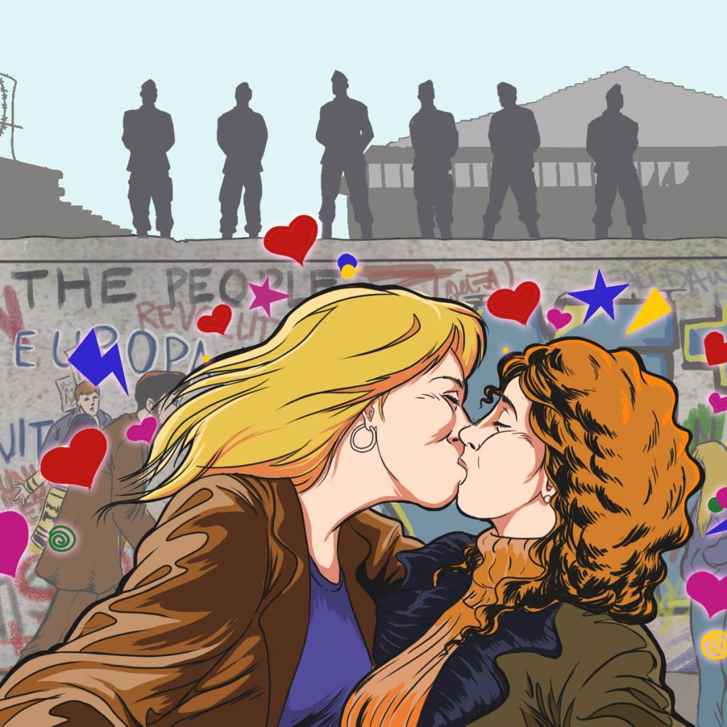 Ilustração: casal lésbico se beija enquanto silhuetas cinzas olham de longe.