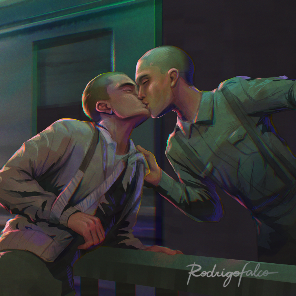 Dois homens brancos carecas se beijam em ilustração de Rodrigo Falco.