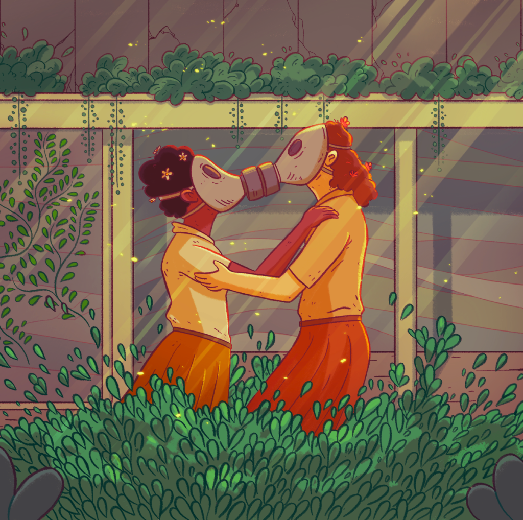 Casal vestido em roupas laranjas se beijam no meio de jardim em ilustração.
