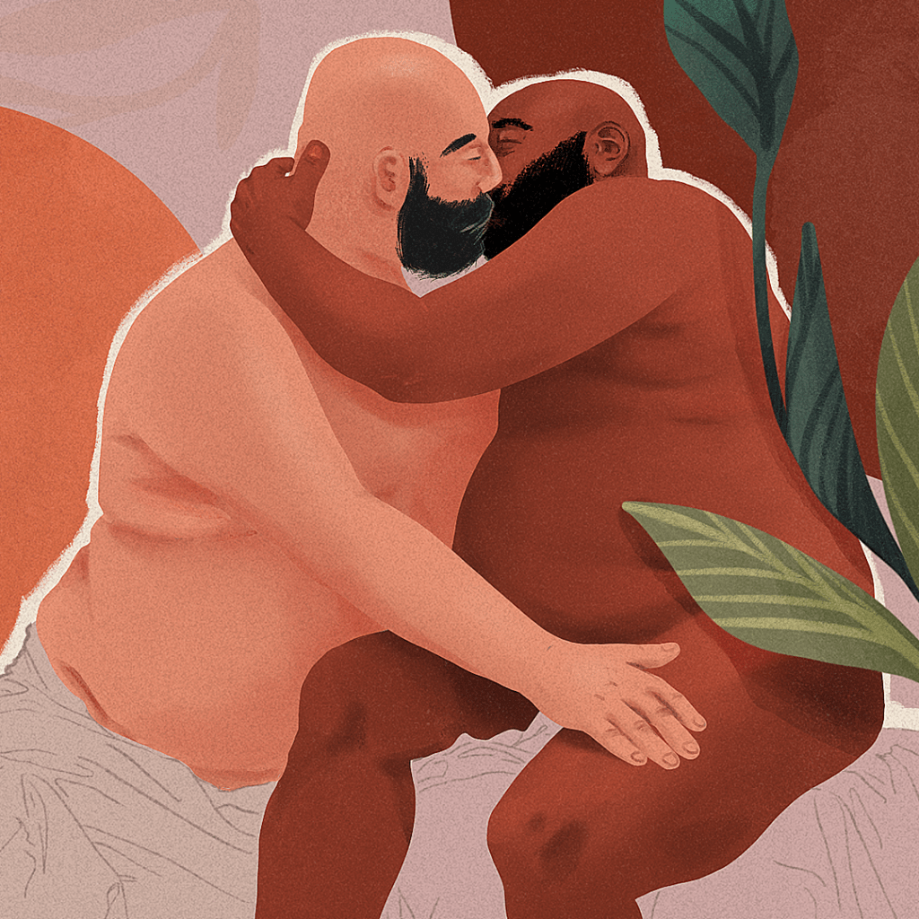 Dois homens gordos se beijam, ambos têm barba, um é branco, outro negro. Ilustração.