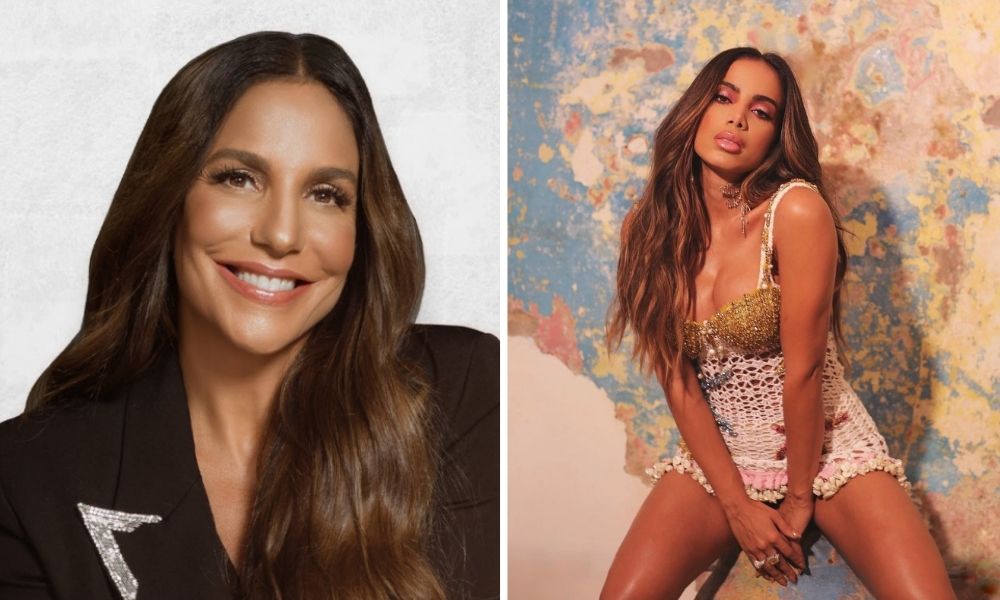 A imagem mostra uma montagem com um retrato de Ivete, à esquerda, e uma foto de Anitta à direita, de corpo inteiro