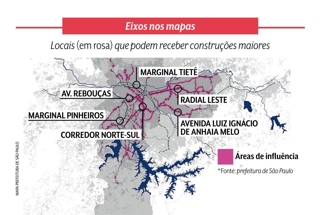 A arte mostra áreas de influências na grande São Paulo onde é possível fazer construções maiores. São algumas delas a Rebouças, Marginal Pinheiros, Tietê, Radial Leste e Av. Luiz Ignácio de Anhaia Melo.