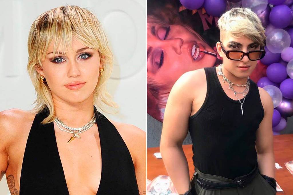Montagem exibe duas fotos: à esquerda Miley Cyrus, à direita Gabriel Garcia, fã morto a tiros em Embu das Artes. Rapaz usa óculos escuros e regata preta.