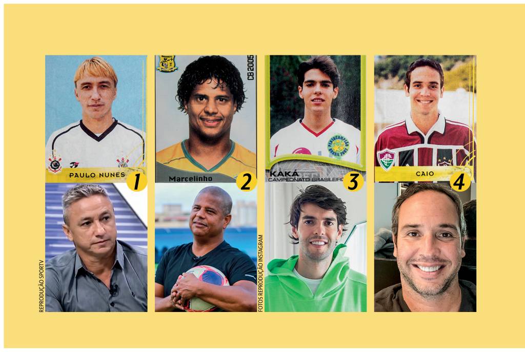 A imagem da montagem mostra Paulo Nunes, Marcelinho Carioca, Kaká e Caio Ribeiro enquanto ainda eram jogadores em figurinhas de Álvaro. Em baixo dos cromos, retratos deles atualmente, mais velhos.