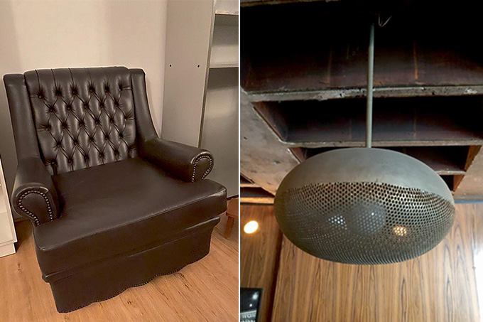 Ramona Montagem com uma poltrona do lado direito e no lado esquerdo um lustre. Itens vendidos no antigo restaurante Ramona