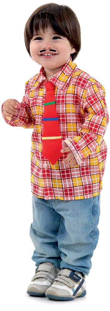 Bebê veste uma camisa xadrez vermelha, gravata vermelha, calça jeans, sapato e um bigode de adesivo