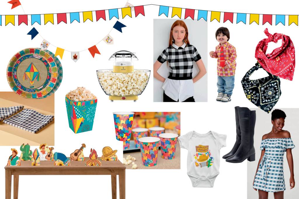 Montagem com produtos de festa junina: mesa com decoração, prato, caixa de pipoca, pipoqueira, camisa xadrez, bandana, vestido xadrez, bota e body de bebê