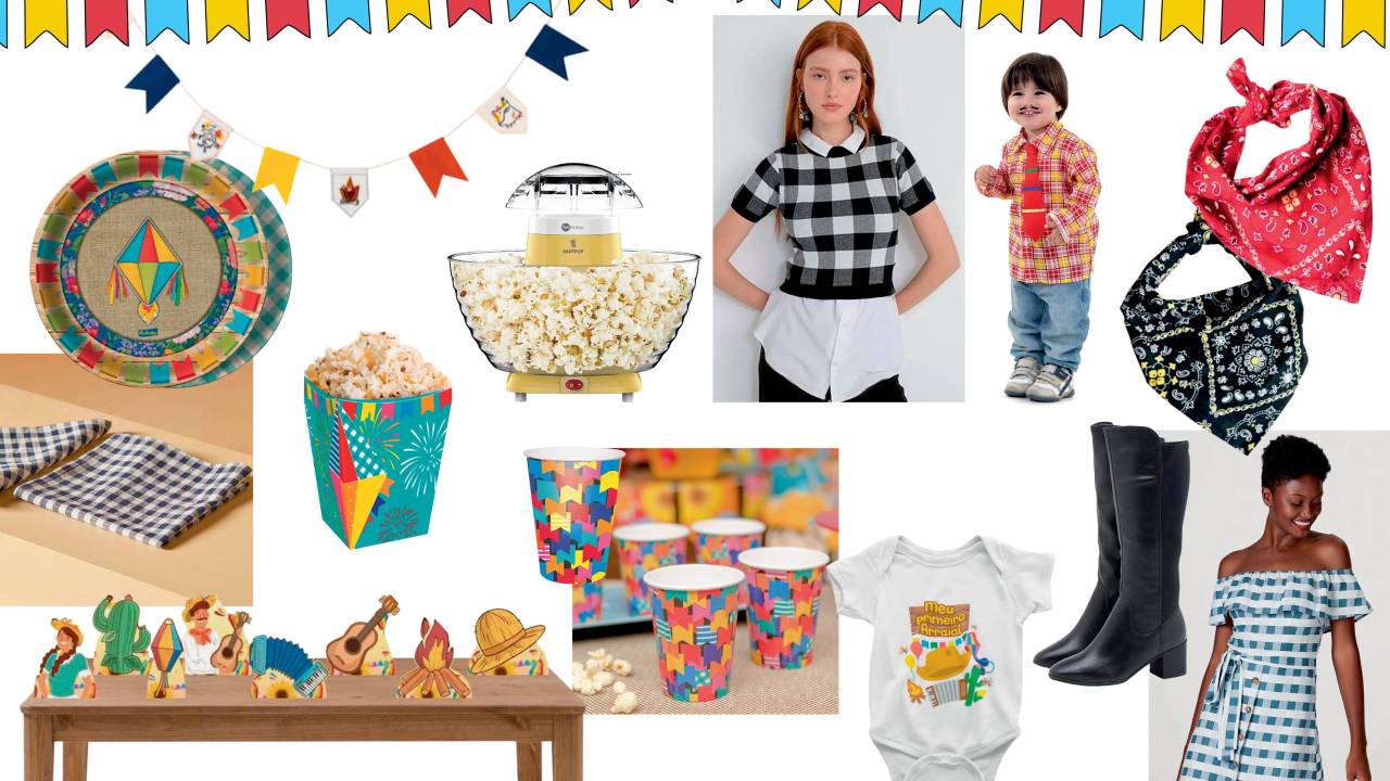 Montagem com produtos de festa junina: mesa com decoração, prato, caixa de pipoca, pipoqueira, camisa xadrez, bandana, vestido xadrez, bota e body de bebê