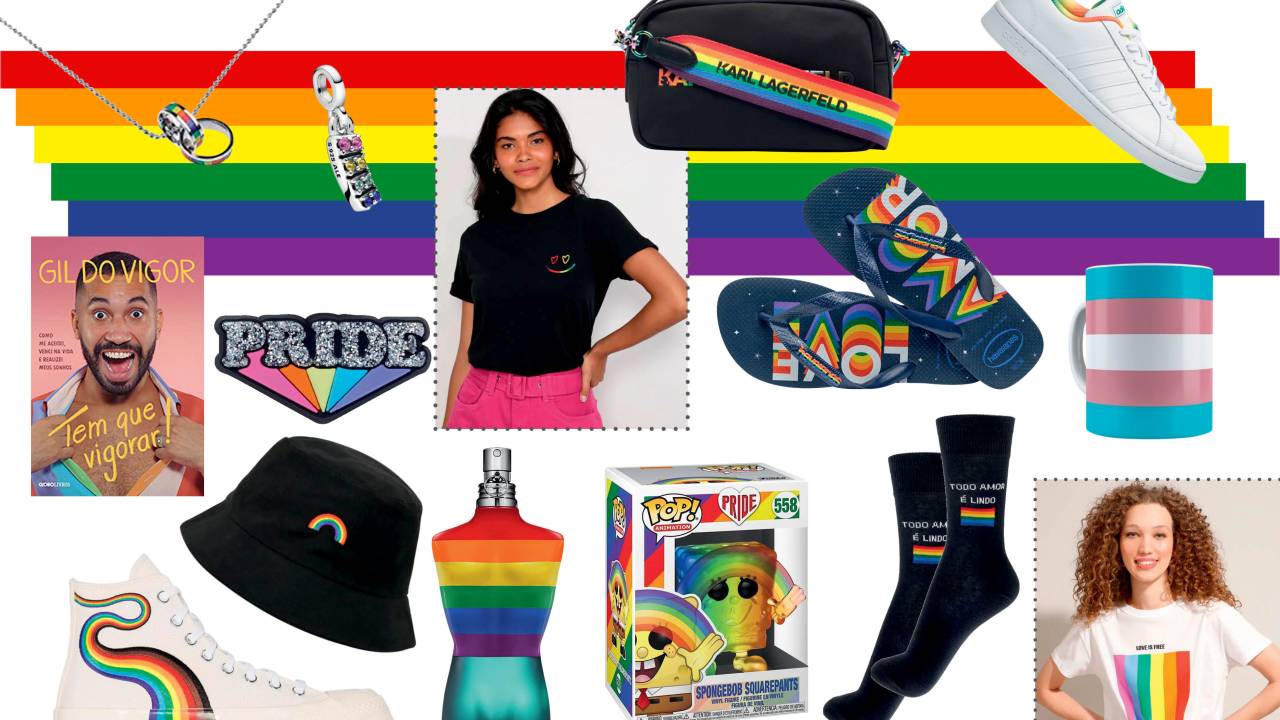 Uma montagem, que tem como fundo a bandeira LGBT, produtos com a temática. Sapatos, livro, colar, pingentes, chapéu, perfume, camisetas, funko pop, meia, caneca e chinelo