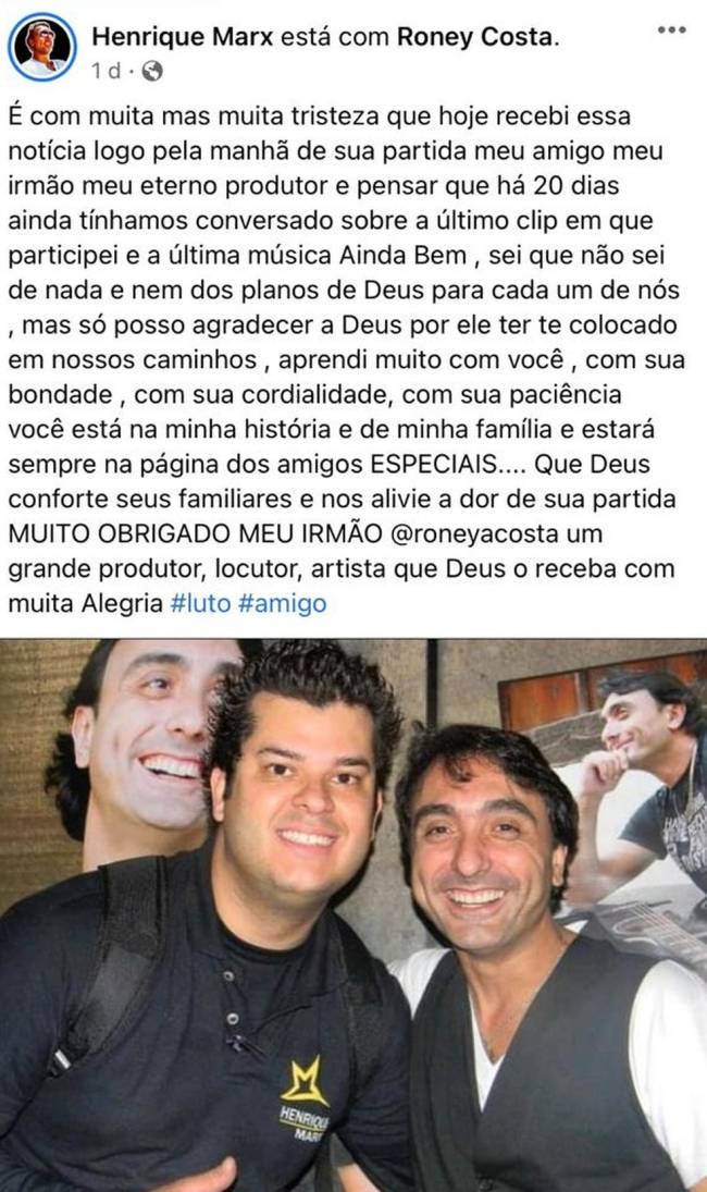 Post do médico cantor Henrique Marx sobre a morte do amigo