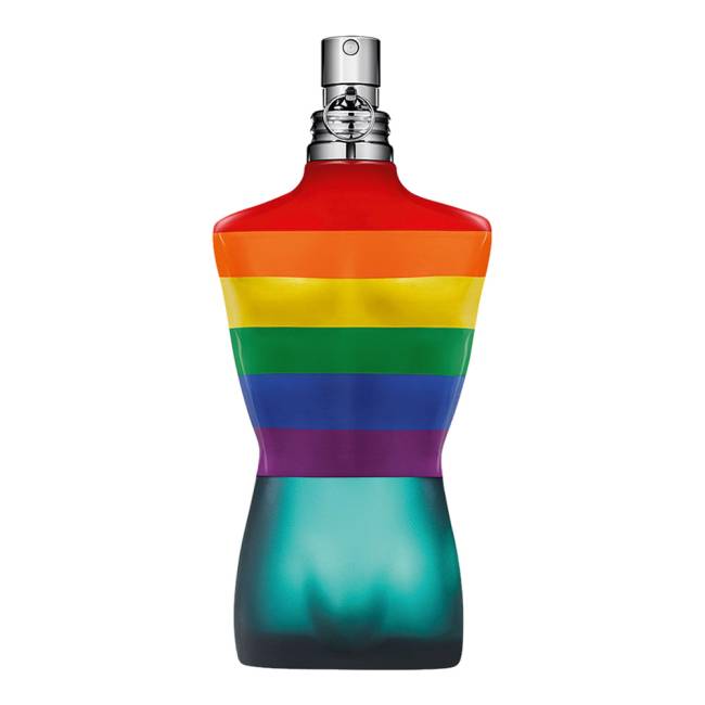 Frasco de perfume é metade azul e metade com cores da bandeira LGBT