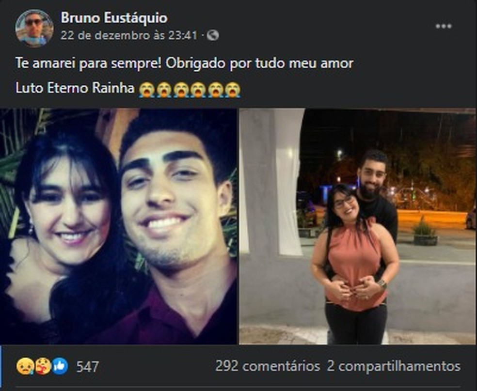 A imagem mostra um post de rede social com fotos de Bruno com a mãe e mensagem de luto