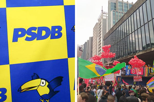 À esquerda, logotipo e tucano do PSDB; à direita, imagem dos manifestantes na Avenida Paulista