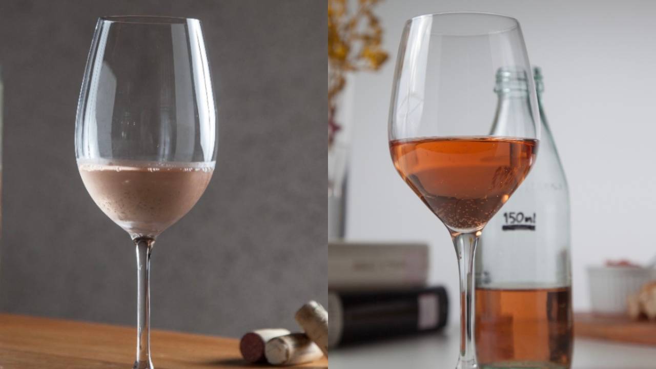 Foto dividia em duas; As duas mostram uma taça de vinho rosé, o da esquerda mais claro que o da direita, que está acompanhado de uma garrafa de vidro.