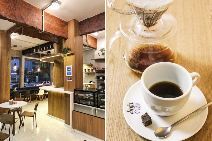 Duas imagens unidas verticalmente por linha fina branca. À esquerda, salão do Sofá Café, à direita, xícara de louça branca com café coado ao lado de bul de vidro com coador de café.