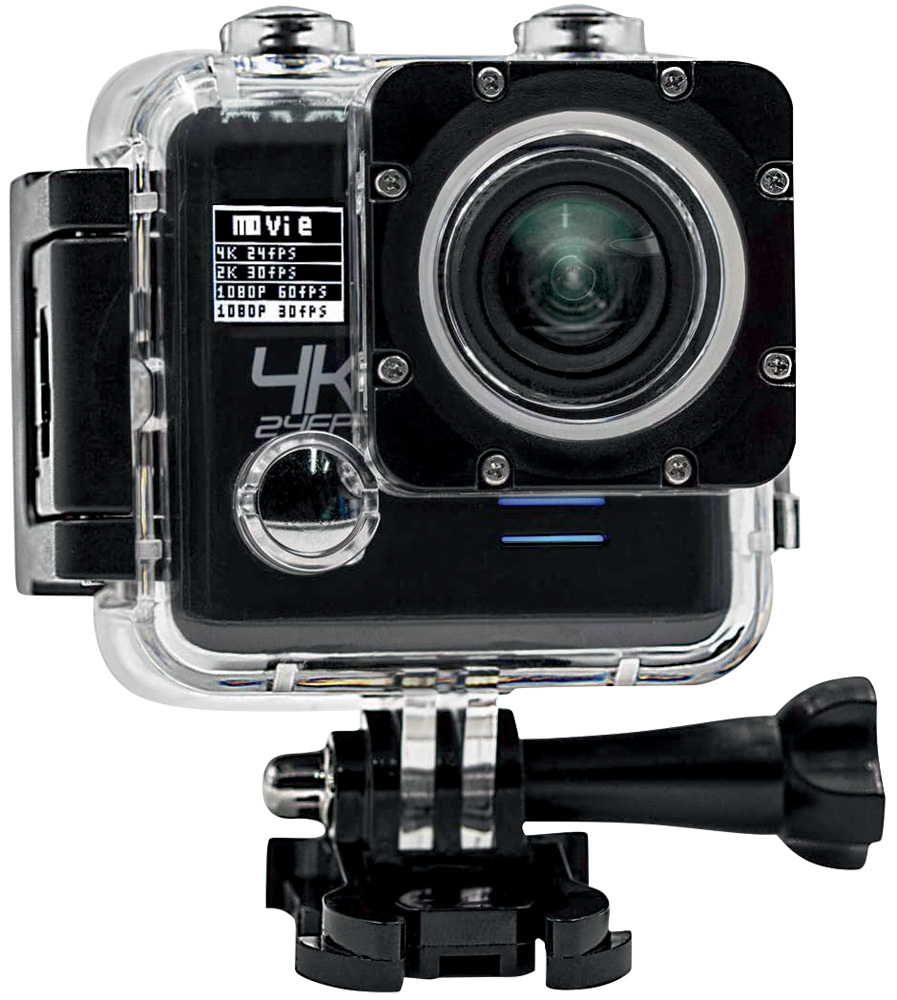 Uma mini câmera, no estilo GoPro preta