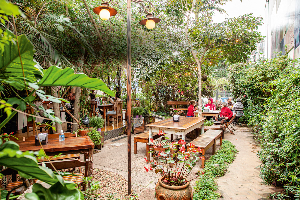 Ambiente externo do restaurante Gansaral, com mesas em meio a árvores e plantas.
