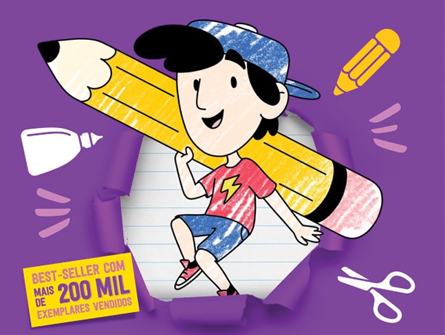 Capa do livro As Aventuras de Mike. Com fundo roxo, mostra desenho de um menino segurando um lápis gigante