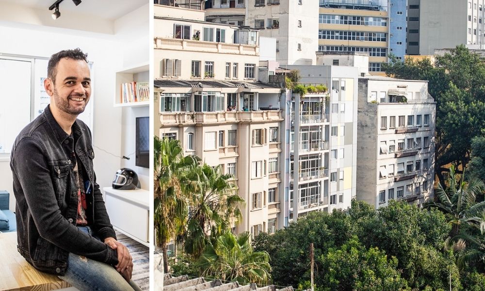 A imagem mostra Baleeiro dentro de um apartamento, apoiado numa mesa, posando para foto sorrindo para a câmera. À direita, a imagem mostra um prédio no Centro de São Paulo, uma fachada com quadrados amarelos.