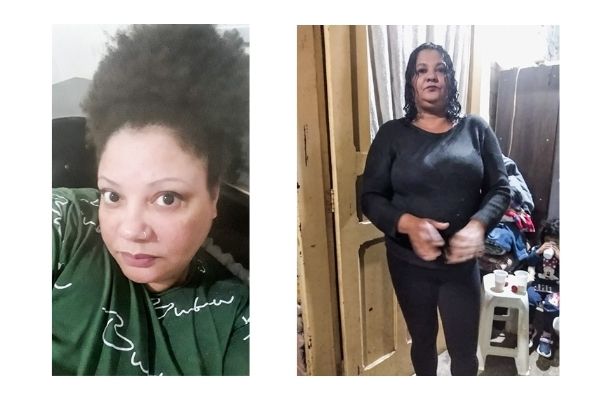 Design sem nome Montagem com fotos de duas mulheres. Uma selfie e a outra de corpo em frente a uma porta