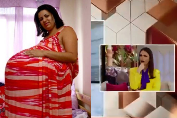 A imagem mostra uma mulher supostamente grávida com uma barriga enorme e a apresentadora Chris Flores
