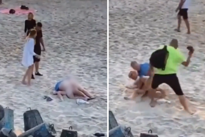 São duas imagens: uma mostra um casal fazendo sexo em uma praia enquanto pessoas passam; a outra mostra um homem batendo no rapaz que está praticando o ato com um chinelo
