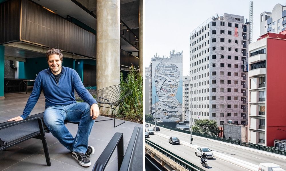 A imagem mostra André Czitrom na entrada de um prédio, sentado em m banco. À direita, outra fotografia retrata um prédio logo em frente ao minhocão, ainda sem pintura.