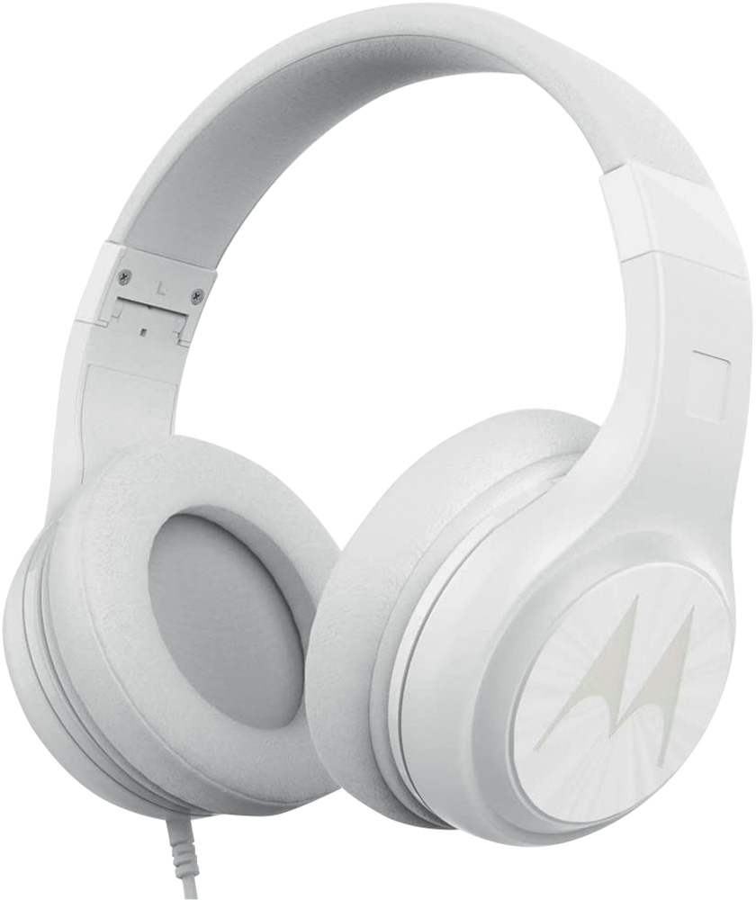 Fone de ouvido Motorola.jpg Um fone de ouvido modelo grande branco. Tem o símbolo da Motorola estampado