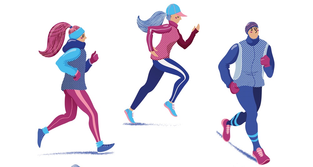 Ilustrações em tons de roxo e azul que têm três pessoas praticando exercícios físicos com roupas de inverno